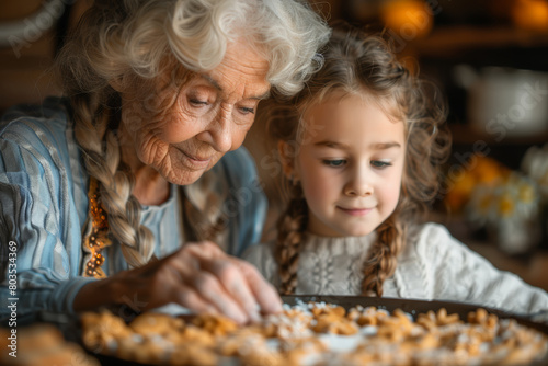 Upper body shot of an elderly lady teaching her grandchild to bake cookies  filled with smiles in the kitchen.. AI generated.