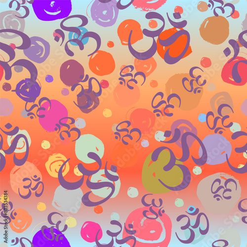 Lord Ganesha, Diwali Om Sacred Symbol Seamless Pattern. Repetition background for textiles, wrapping paper or wallpapers. Boho style ornament. indu motifs. Tattoo, yoga, spirituality.