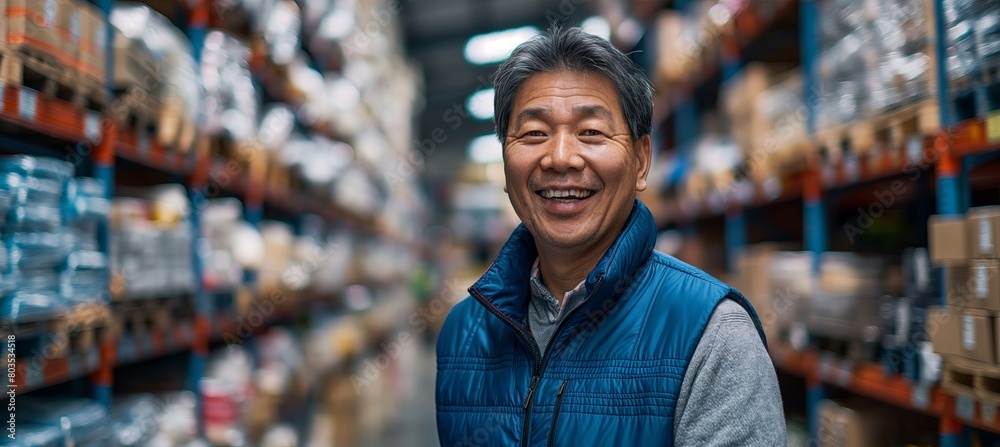 A portrait depicts an Asian man in the storage area of a warehouse, smiling. A portrait depicts an Asian man in the storage area of a warehouse, smiling.
