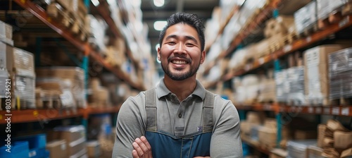 Within the storage area, a portrait shows an Asian male worker smiling. © Денис Никифоров