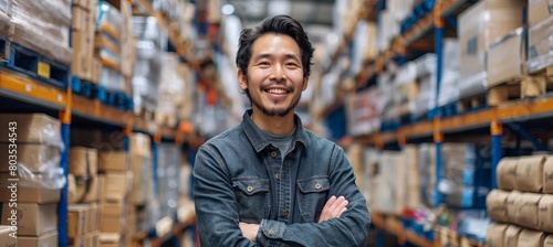 Within the company's building, a portrait showcases an Asian warehouse worker, his smile brightening the storage area.