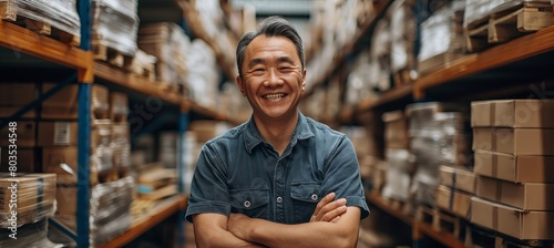 Within the company's building, a portrait showcases an Asian warehouse worker, his smile brightening the storage area.