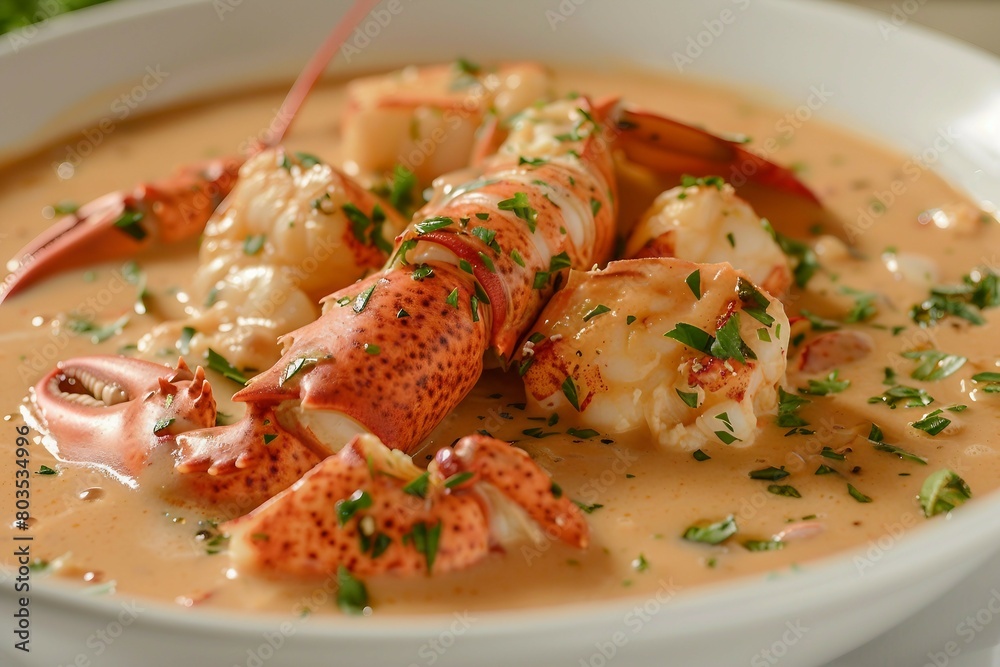 A close-up image of a bowl of creamy lobster bisque, featuring chunks of lobster meat and a whole lobster tail, garnished with fresh herbs. A close-up image of a bowl of creamy lobster bisque, featuring chunks of lobster meat and a whole lobster tail, garnished with fresh herbs.