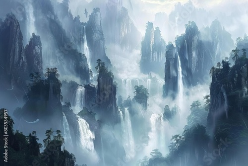 majestic fantasy landscape in misty mountains with cascading waterfalls digital painting