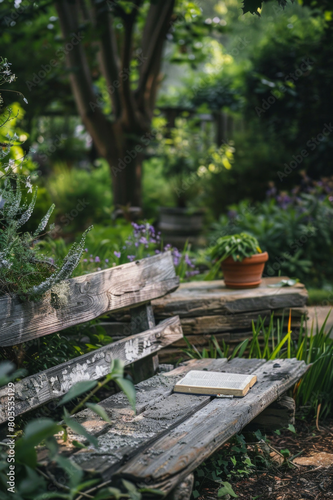 Rustic wooden bench in a garden with a book