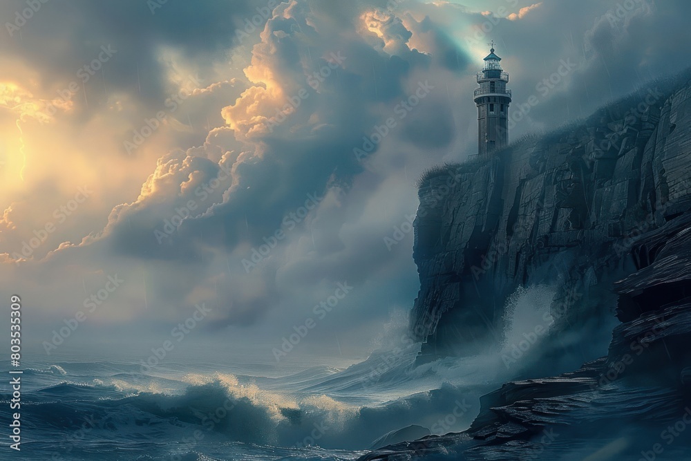 A lighthouse is on a rocky cliff overlooking the ocean