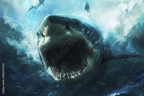 menacing shark emerges from oceanic depths toothed maw looming digital painting photo