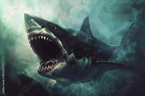 menacing shark emerges from oceanic depths toothed maw looming digital painting photo