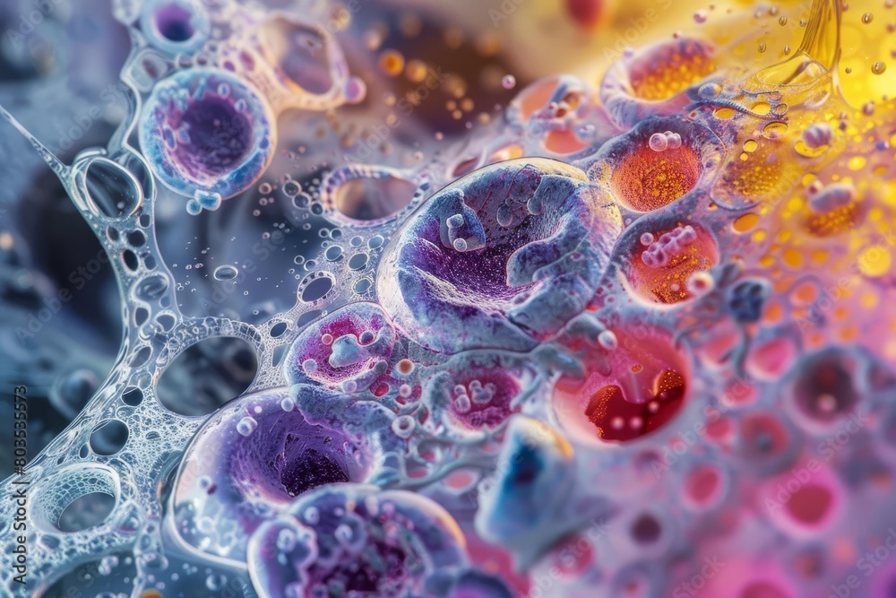 microscopic view of gastric acid and enzymes breaking down food in