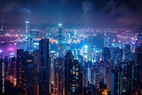 A city skyline at night with the lights of the buildings shining brightly