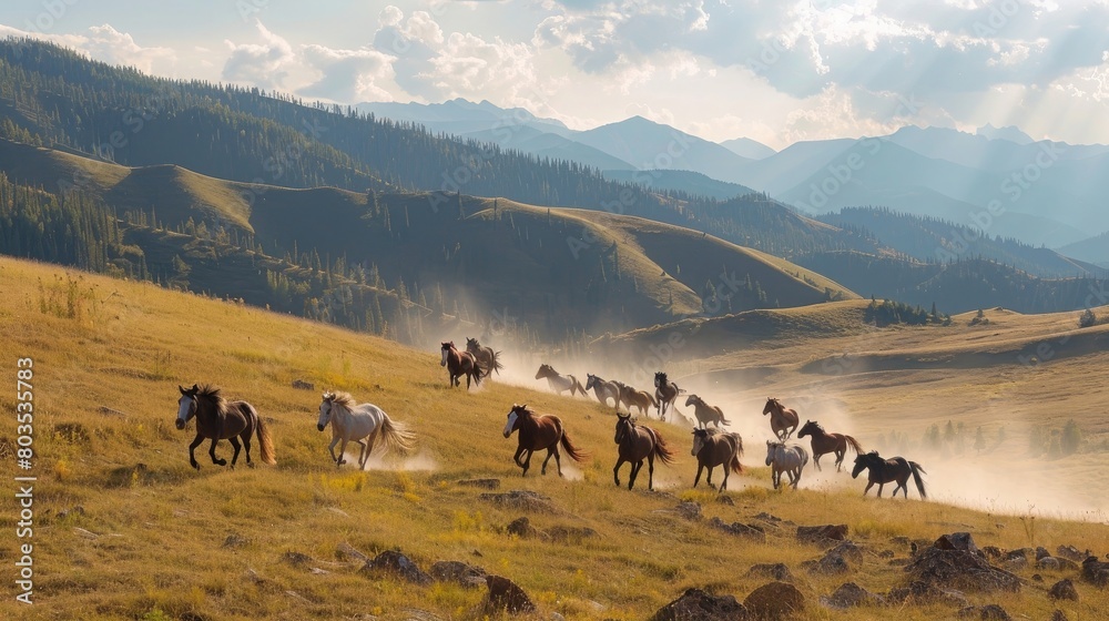 Herd of horses galloping over a hill, Kyrgyzstan, Asia
