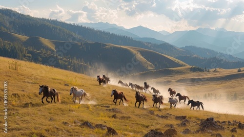 Herd of horses galloping over a hill, Kyrgyzstan, Asia © Khalif
