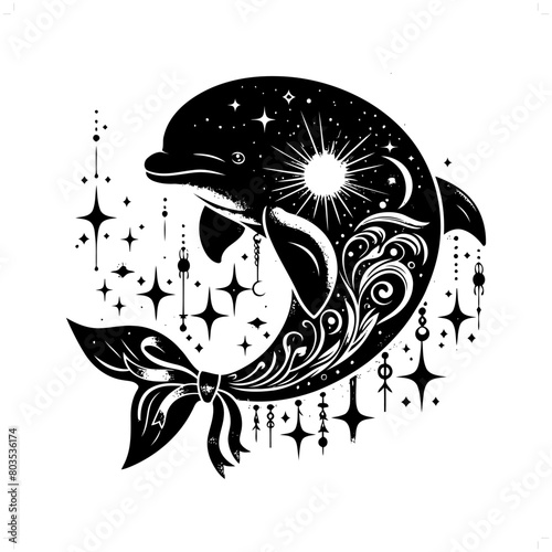 Beluga silhouette in bohemian, boho, nature illustration