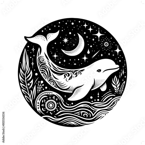 Beluga silhouette in bohemian, boho, nature illustration