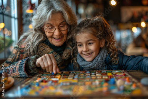 Upper body shot of elderly lady teaching her granddaughter to play a board game with enthusiasm. AI generated.