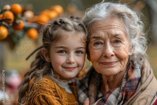 Upper body shot of a smiling elderly lady and her curious grandchild together at a spring picnic outdoors. AI generated.