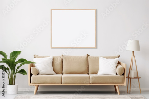Poster mockup in modern scandinavian living room interior with sofa. Frame mock up