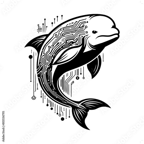 Beluga silhouette in animal cyberpunk, modern futuristic illustration