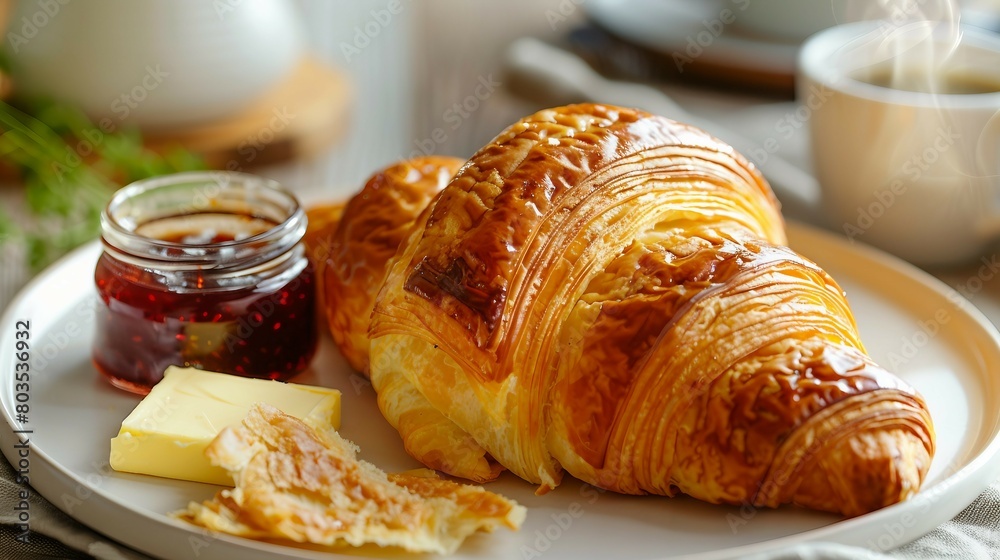 A freshly baked croissant served with butter and jam on a white plate, accompanied by a hot beverage. A freshly baked croissant served with butter and jam on a white plate, accompanied by a hot beverage.