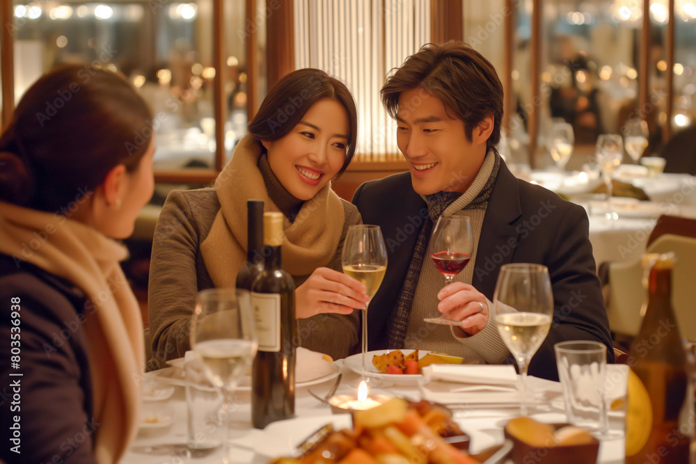 Asian Beautiful loving couple is spending time together for dinner in restaurant. Celebrating Valentine's Day