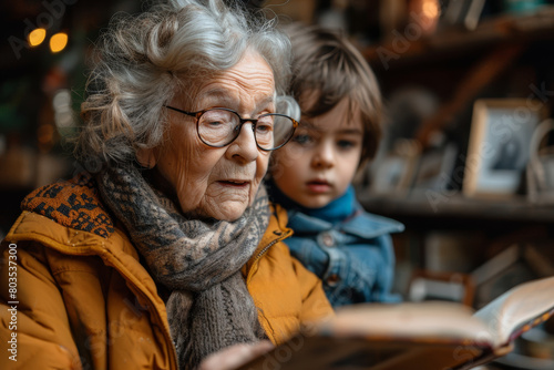 Upper body shot of a delighted elderly lady with her grandchild fascinated by family photographs.. AI generated. © Petr