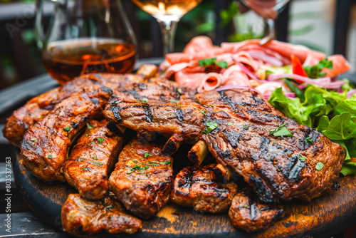 Backyard dinner table have a tasty grilled BBQ meat, Salads and wine with happy joyful people on background