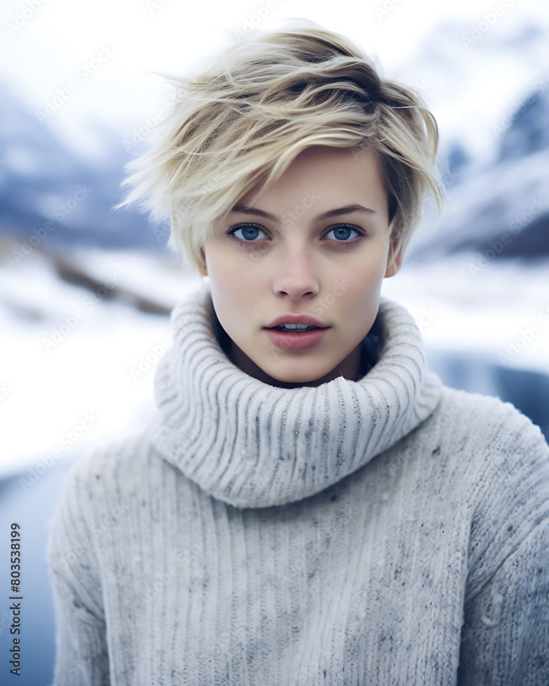 A stylish individual stands amidst a winter wonderland, their identity artfully obscured. They sport a chic white turtleneck, with tousled blonde locks that complement the serene, snowy mountainscape 
