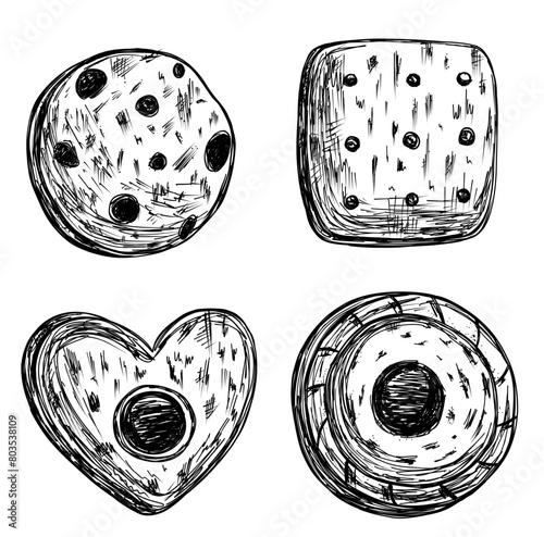 Set with chocolate cookie and cracker in hand drawn sketch style