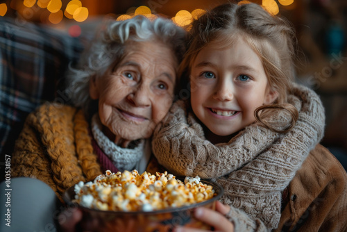 Upper body shot of a grandmother and granddaughter sharing popcorn while watching a heartwarming film. AI generated.
