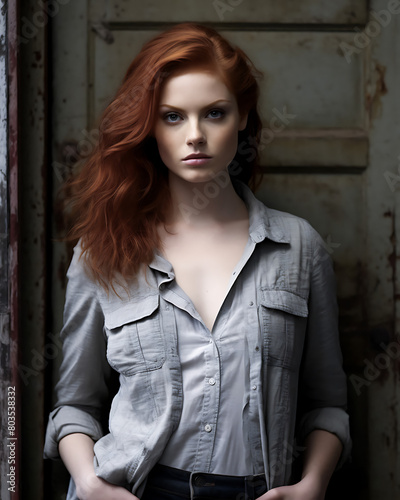 Against an old, weathered door, a figure in a grey button-down shirt and dark pants stands out, their red hair adding a vibrant contrast