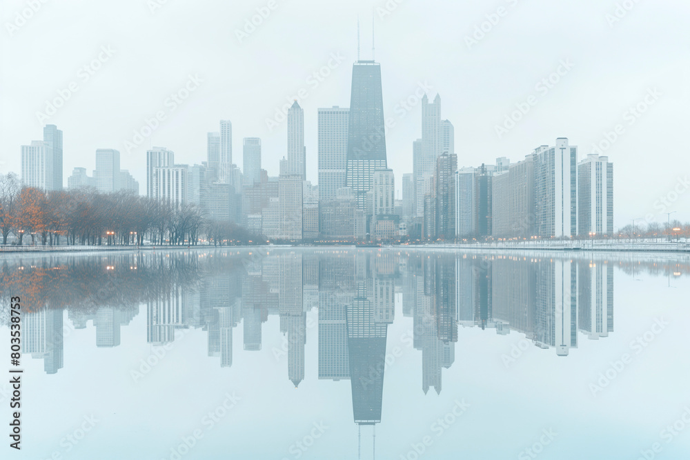 Fototapeta premium City skyline reflected in a surreal, mirrored ocean