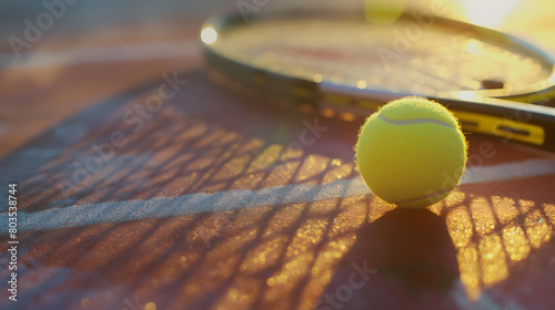 Sunset Tennis Game - Tennis Ball and Racket on the Court © slonme