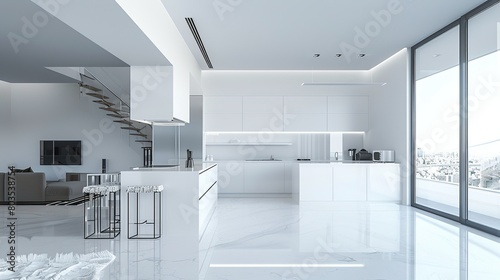 This is a photo of a modern kitchen with white cabinets and a large window.