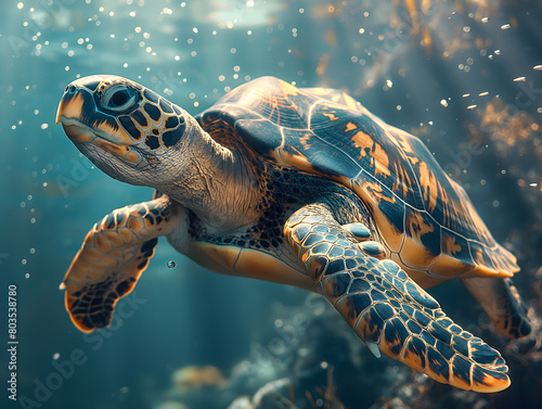 Majestic Sea Turtle Swimming Through Ocean Waters