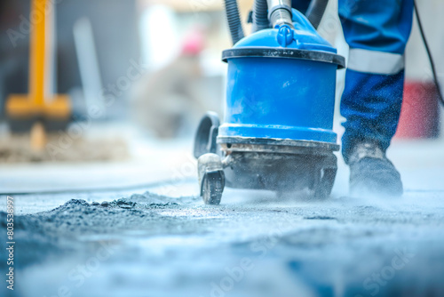 Close up of male using dust removal with modern vacuum cleaner. Construction cleaning service photo