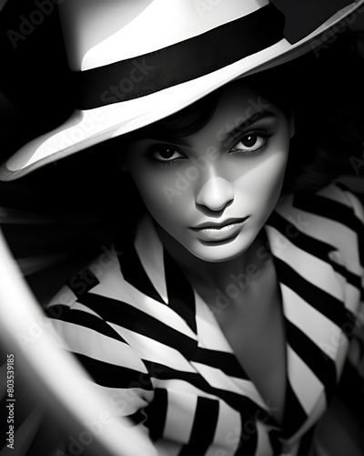 A woman in a striped jacket and white hat stands in a black and white setting, her face partially obscured.