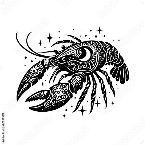 lobster, crayfish silhouette in bohemian, boho, nature illustration