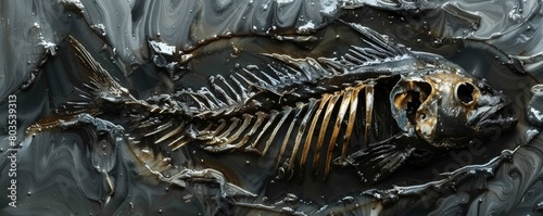 Fish Skeleton Covered in Oil Spill in Polluted Water