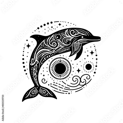 Dolphin silhouette in bohemian, boho, nature illustration