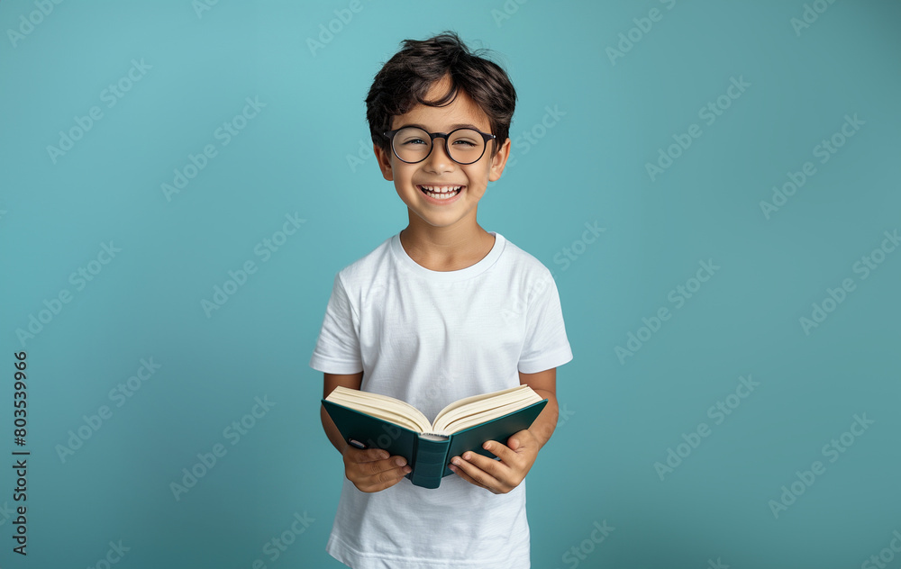 young boy reading a book, he is smiling to the camera wearing eyeglasses, white t-shirt on blue background young boy reading a book, he is smiling to the camera wearing eyeglasses, white t-shirt on blue background