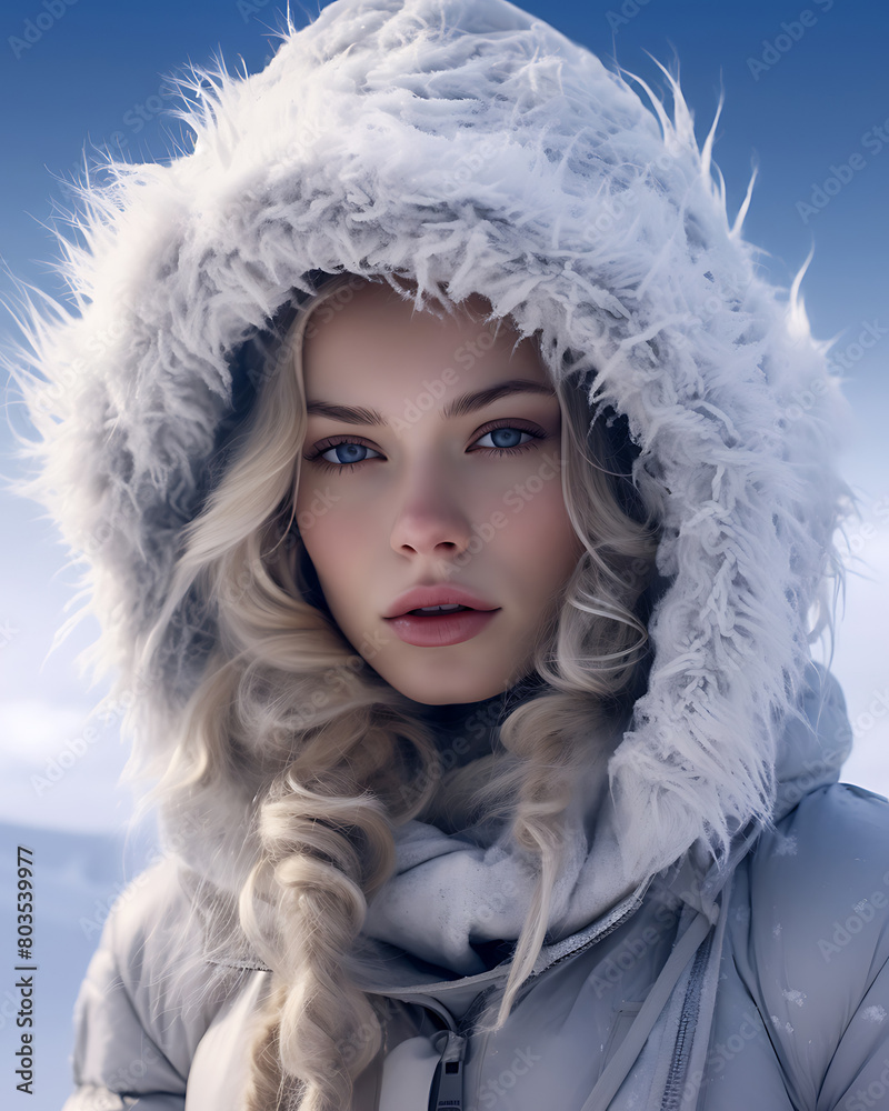 Image of a model in a fluffy, white hooded jacket in a snowy environment, with a portion of blonde hair styled in a braid extending down the front of the jacket.