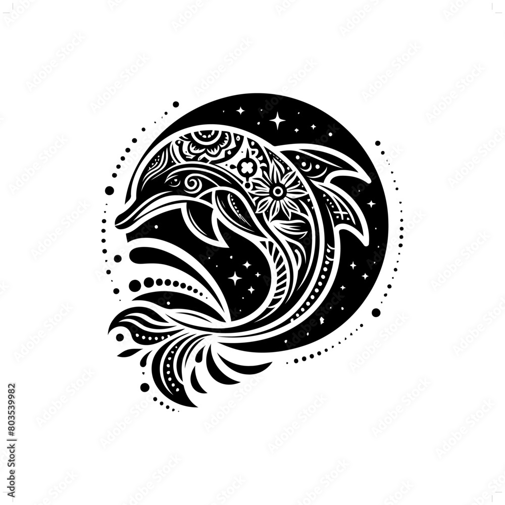 Dolphin silhouette in bohemian, boho, nature illustration Dolphin silhouette in bohemian, boho, nature illustration