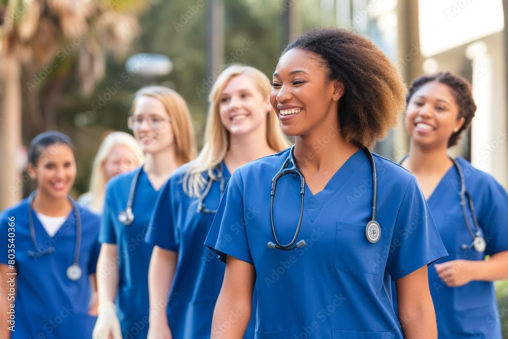 Diverse team of medical students young women in scrubs walk together on a university hospital campus