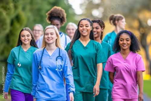 Diverse team of medical students young women in scrubs walk together on a university hospital campus