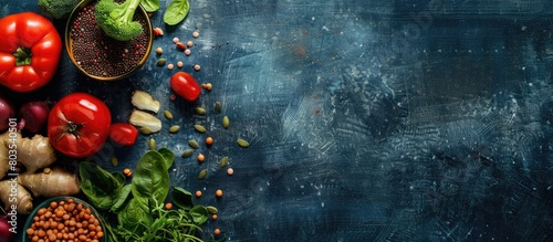 Concept of a healthy balanced diet. Choosing vegan foods high in fiber such as vegetables, fruits, seeds, and beans for cooking. Background with space for text, top view.