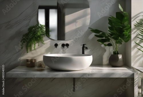 house counter top morning faucet modern tiles basin shadow minimal wall plant marble style vanity sunlight product splay 3D wash render White bathroom ceramic