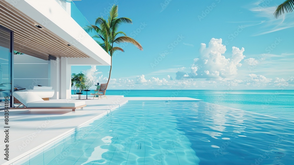 There is an infinity pool on a rooftop with the ocean in the background. There is a palm tree next to the pool and a lounge chair in the water. There is a white building with floor to ceiling windows 