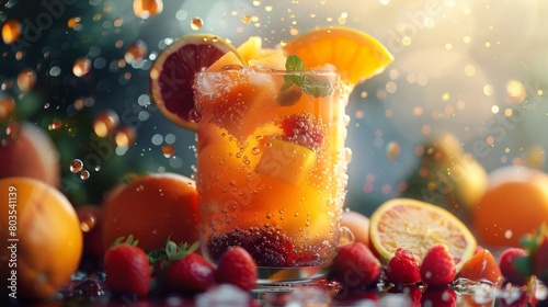 A glass of orange juice with a strawberry garnish