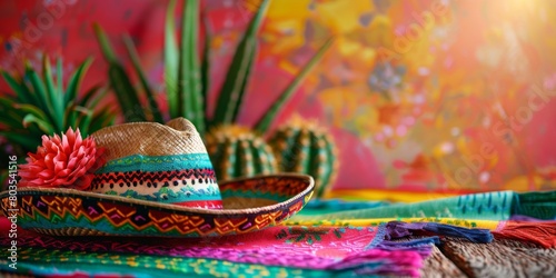 Cactuses, poncho and traditional mexican sombrero hat on bright colorful background. Cinco de Mayo. Viva Mexico. Traditional latin holiday, party, fiesta funny creative concept with copy space