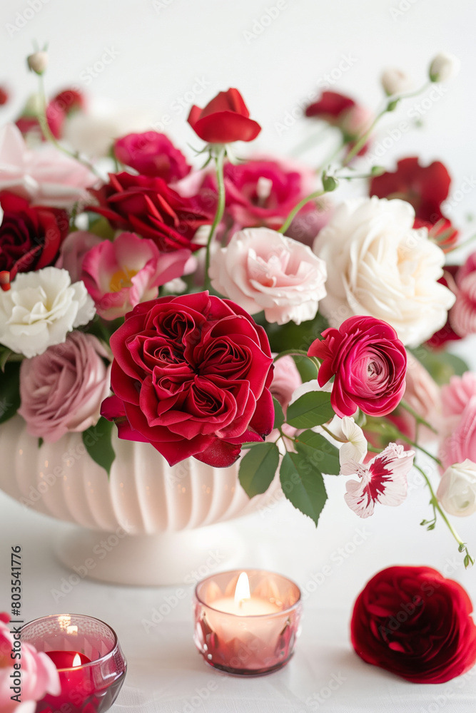 Red, pink and white roses in a romantic arrangement in a white vase with candles around them Red, pink and white roses in a romantic arrangement in a white vase with candles around them